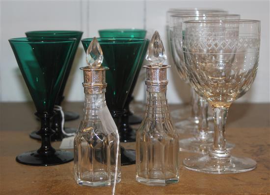 Pair Victorian silver-mounted octagonal sauce bottles, six green tinted wine glasses & 5 engraved glasses